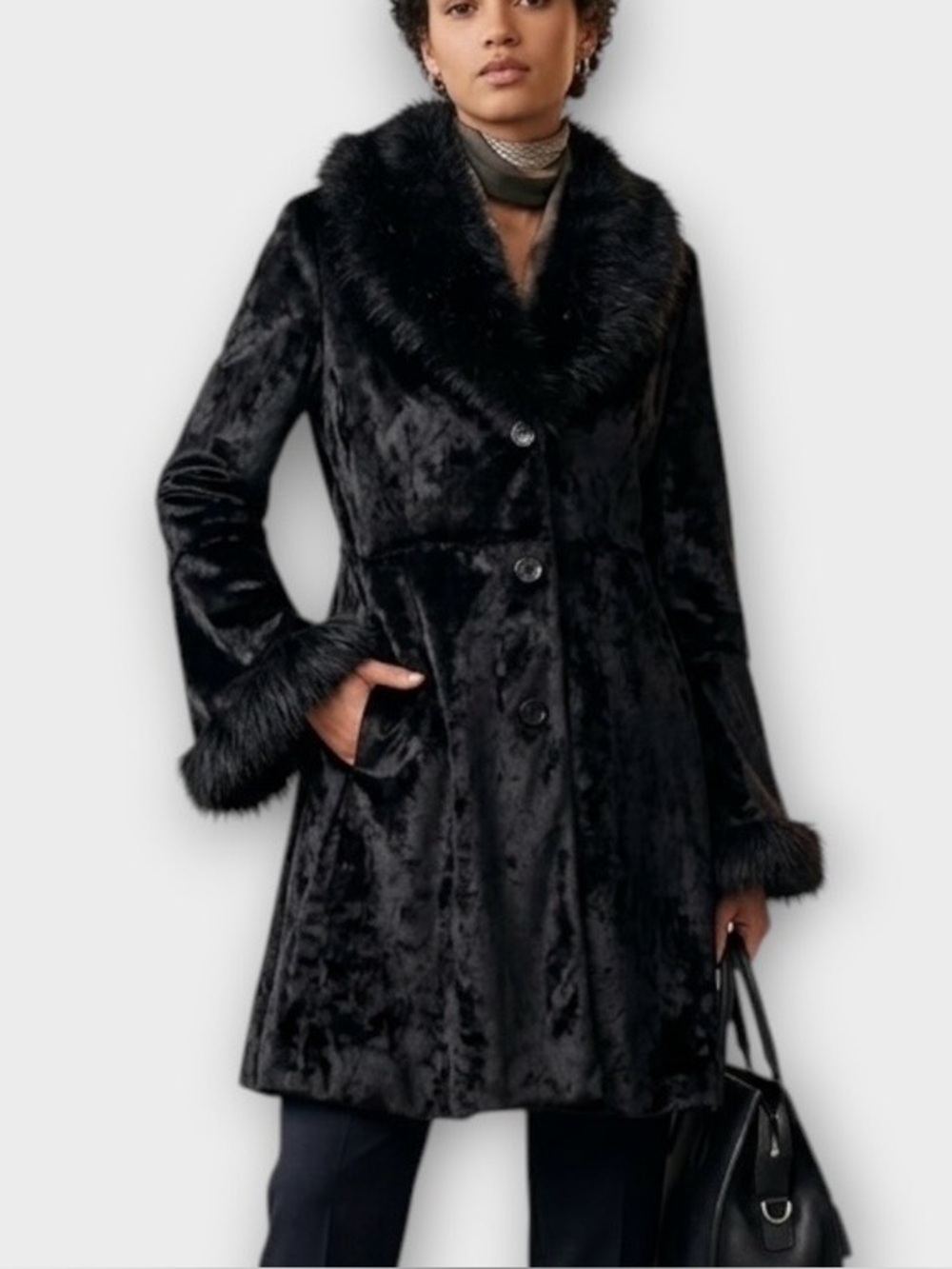 Blanc Noir Vintage Faux Fur Trim Velvet-Look Penny Lane Coat in Black Size M